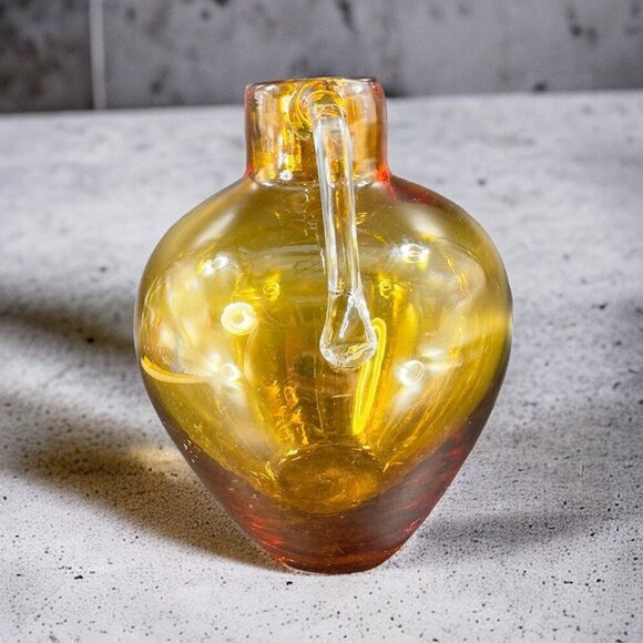 Vintage Hand Blown Amber Glass Jug Decanter Vase With Clear Applied Handle Glass - Picture 3 of 16